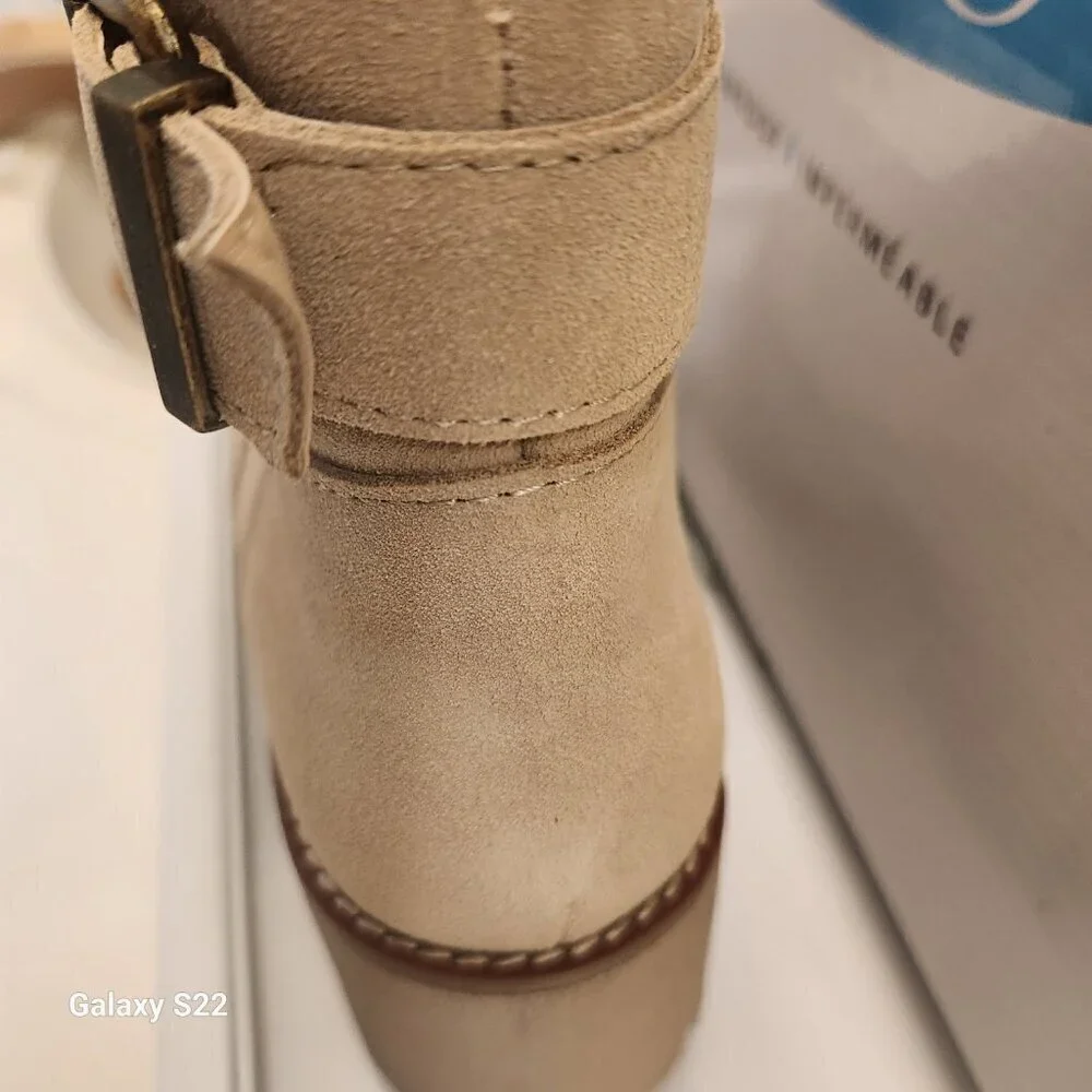 AQUA COLLEGE Womens Beige Waterproof Desiree Almond Toe Block Heel Booties 5.5 M